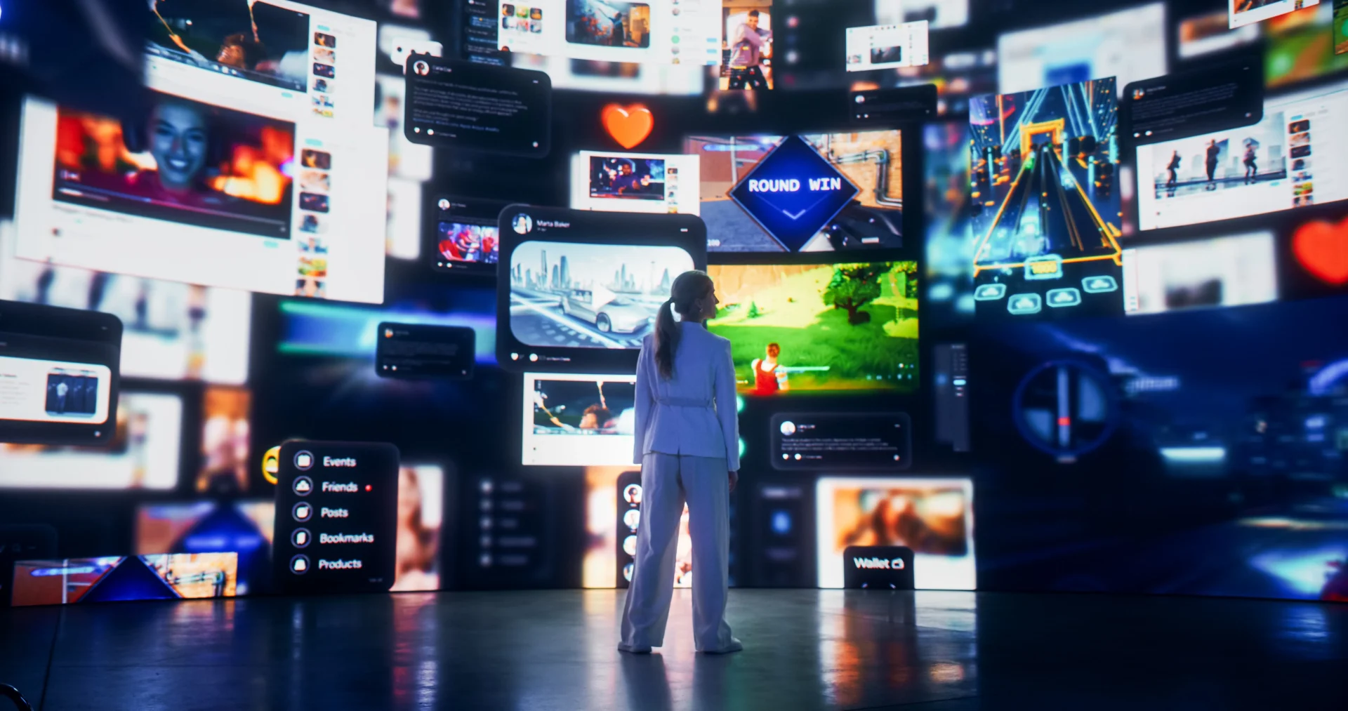 woman standing in front of multiple futuristic screens