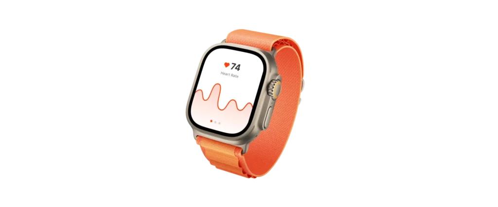 an apple watch with orange band showing the heart rate monitor