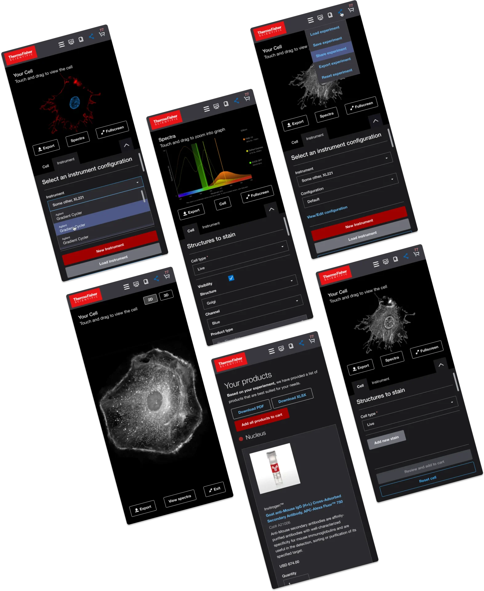 a collection of mobile screens showing the thermofisher cell staining product