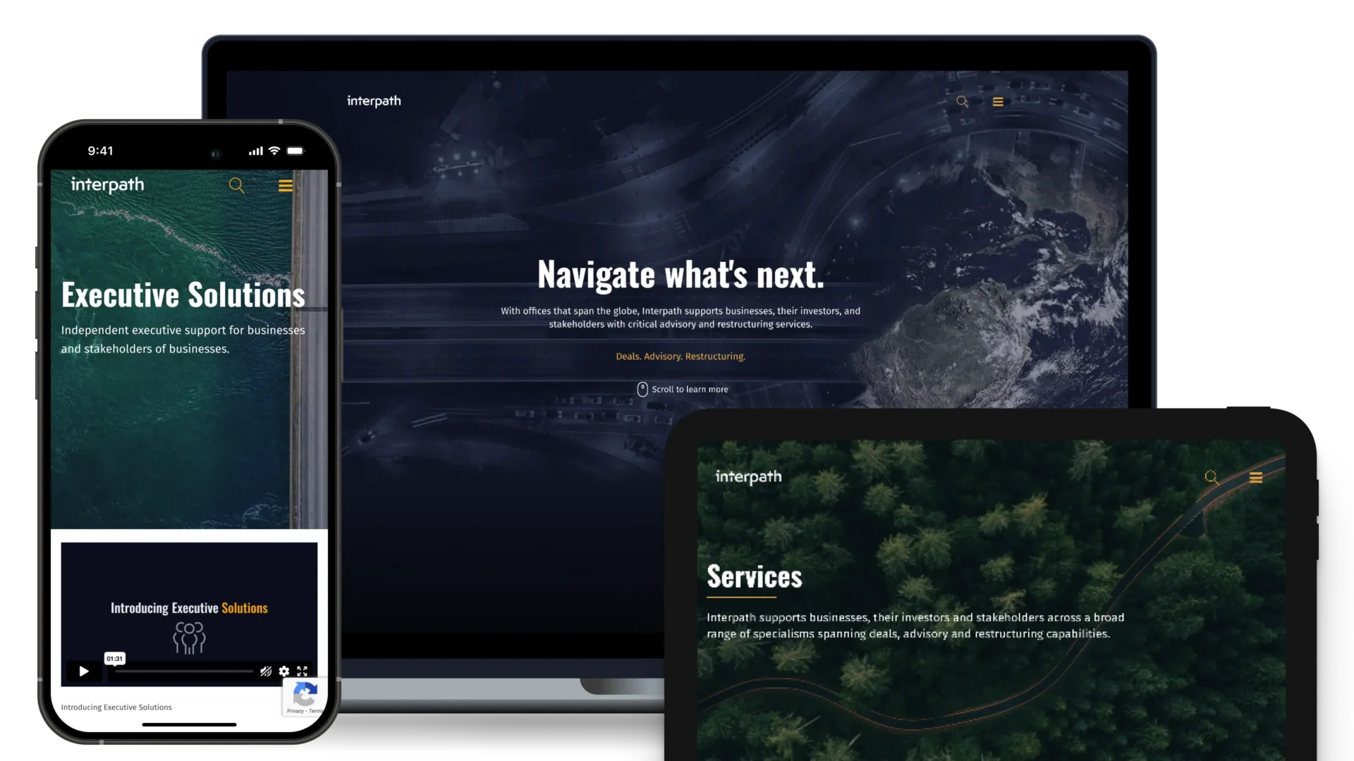 a mobile phone, laptop and ipad screen displaying the interpath website